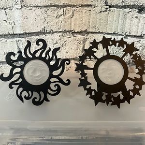 Partylite Sun & moon wall candleholders, black metal w/frosted white glass.